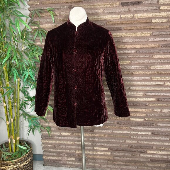 Vintage 90s Burgundy Plum Quilted Velvet Asian Jacket Size XL - Picture 6 of 7
